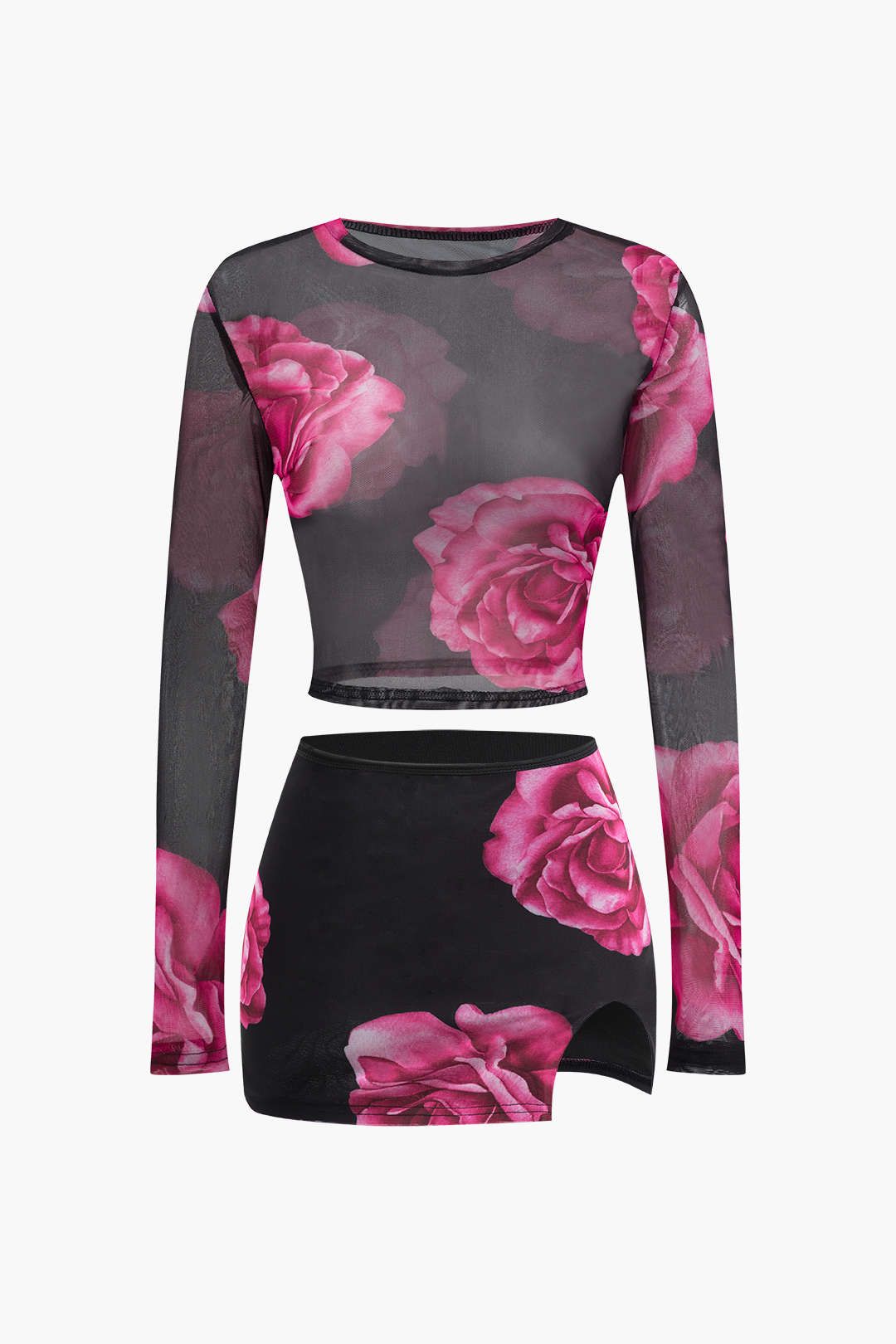 Floral Print Mesh Long Sleeve Top And Mini Skirt Set sold by Micas