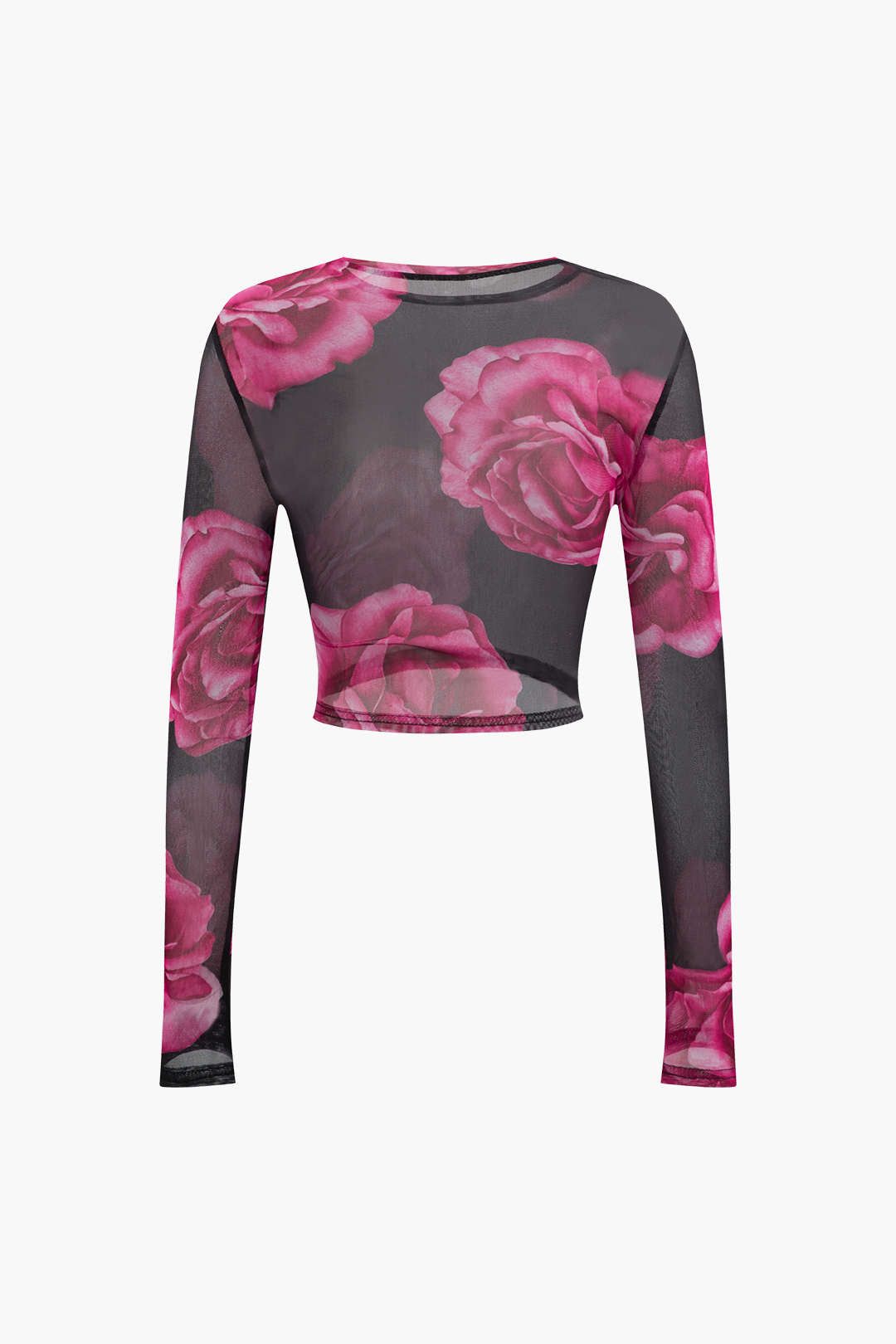Floral Print Mesh Long Sleeve Top And Mini Skirt Set sold by Micas product image thumbnail 4