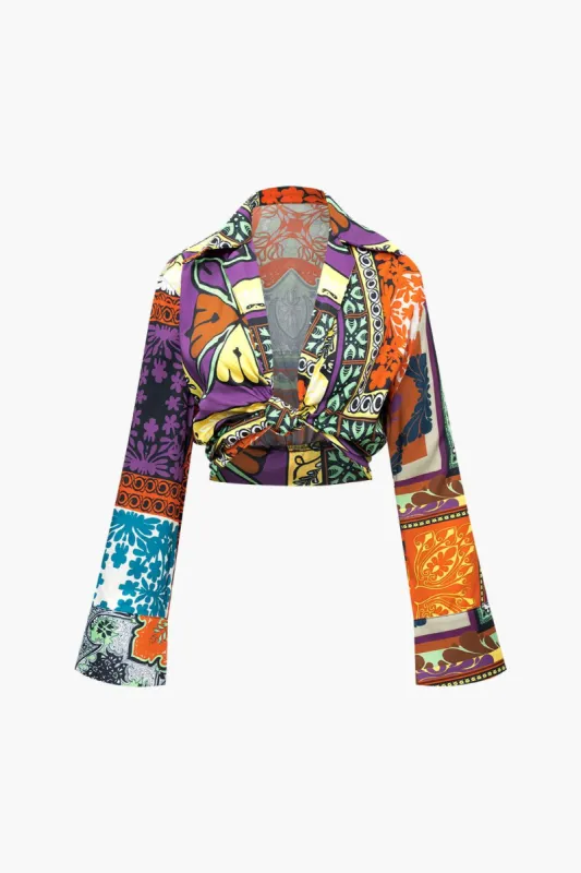 Leaves Print V-neck Knot Front Crop Blouse made by Micas