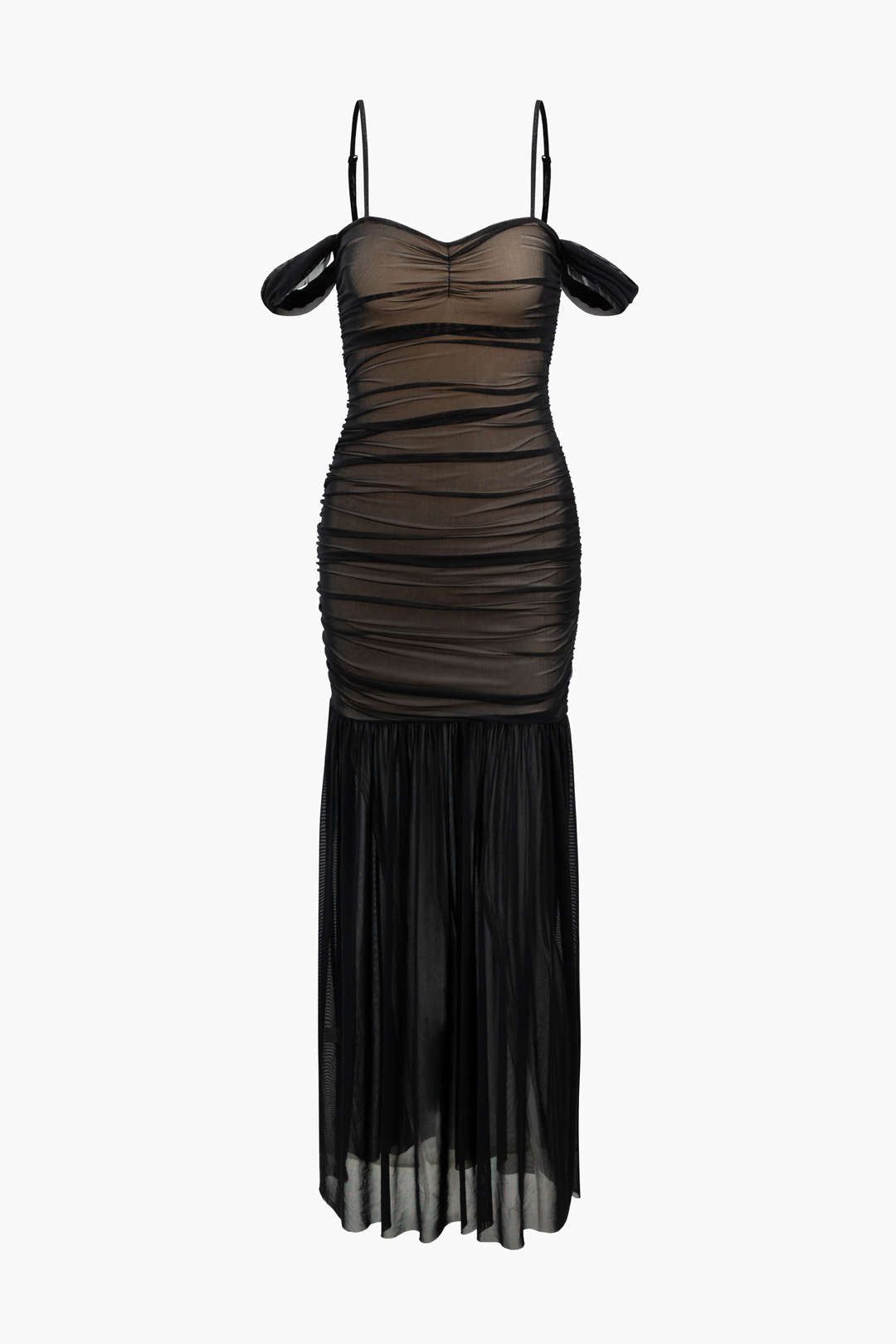 Off-Shoulder Mesh Ruched Maxi Dress sold by Micas
