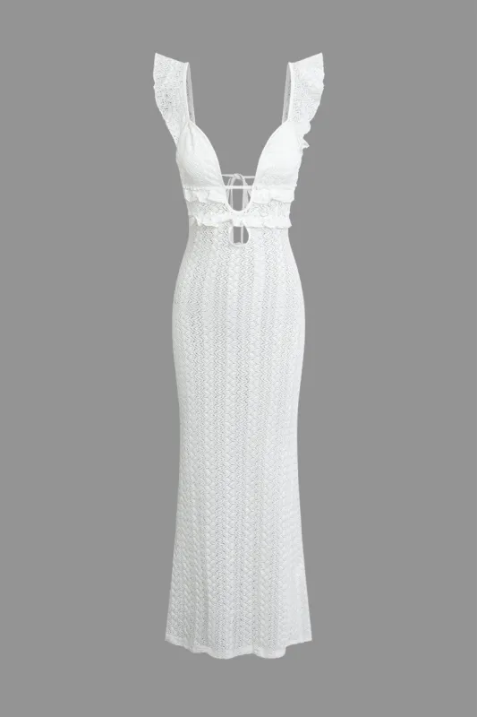 Lace Ruffle Backless V-neck Maxi Dress sold by Micas