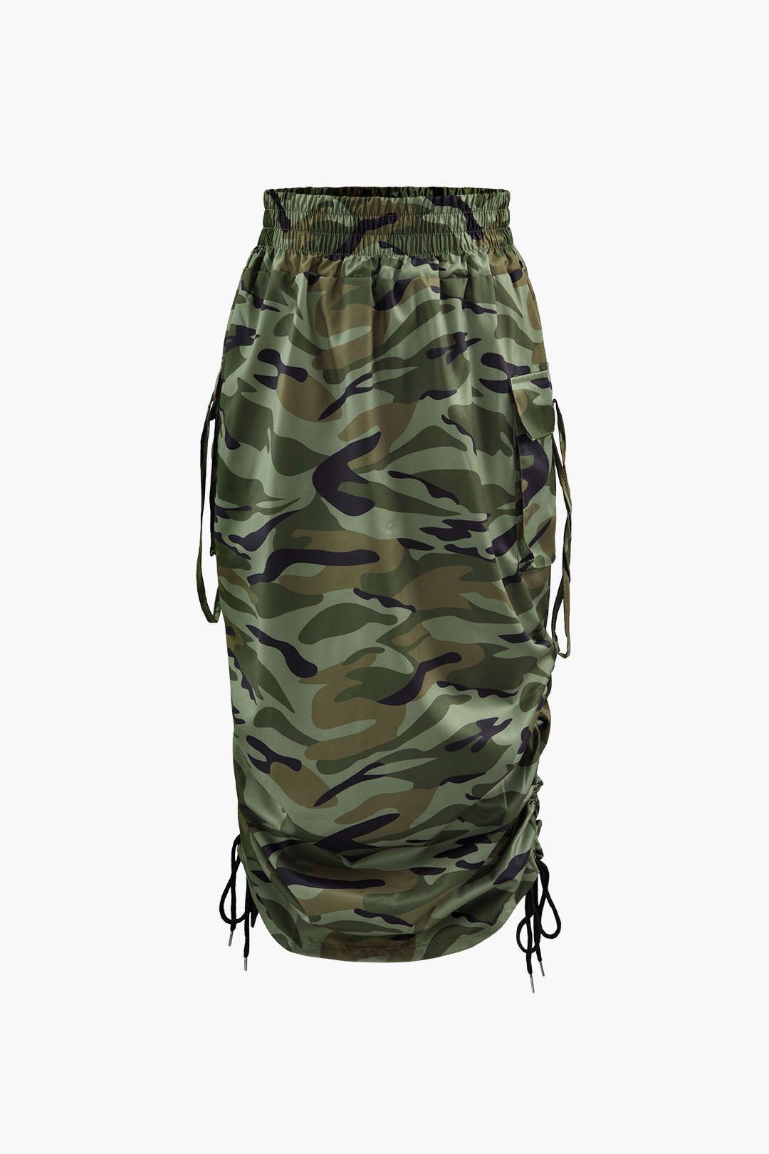 Camo Print Gathered Cargo Midi Skirt sold by Micas
