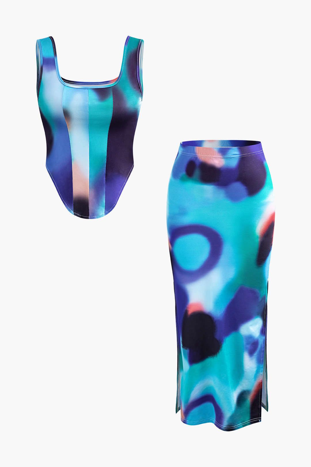 Tie Dye Square Neck Corset Top And Side Slit Midi Skirt Set sold by Micas