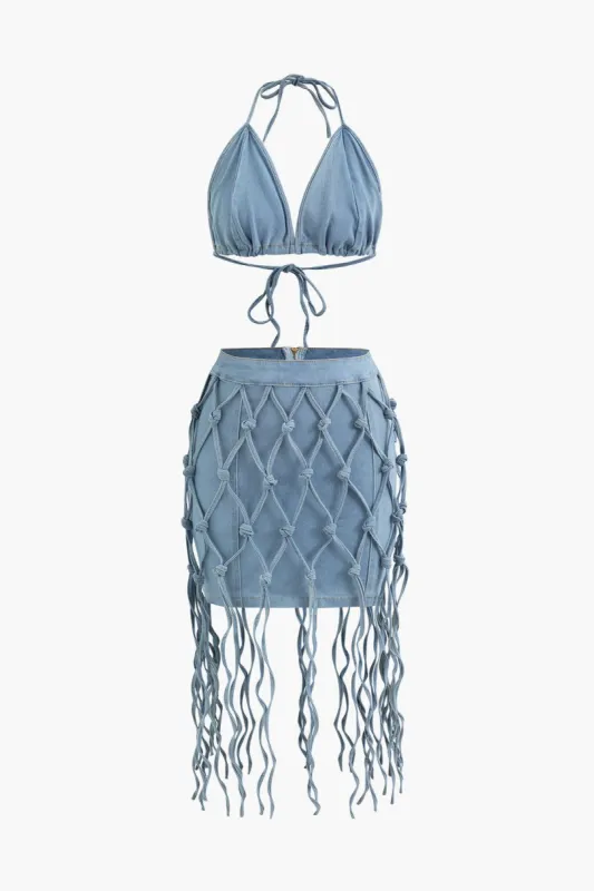 Denim Halter Cami Top And Braided Mini Skirt sold by Micas
