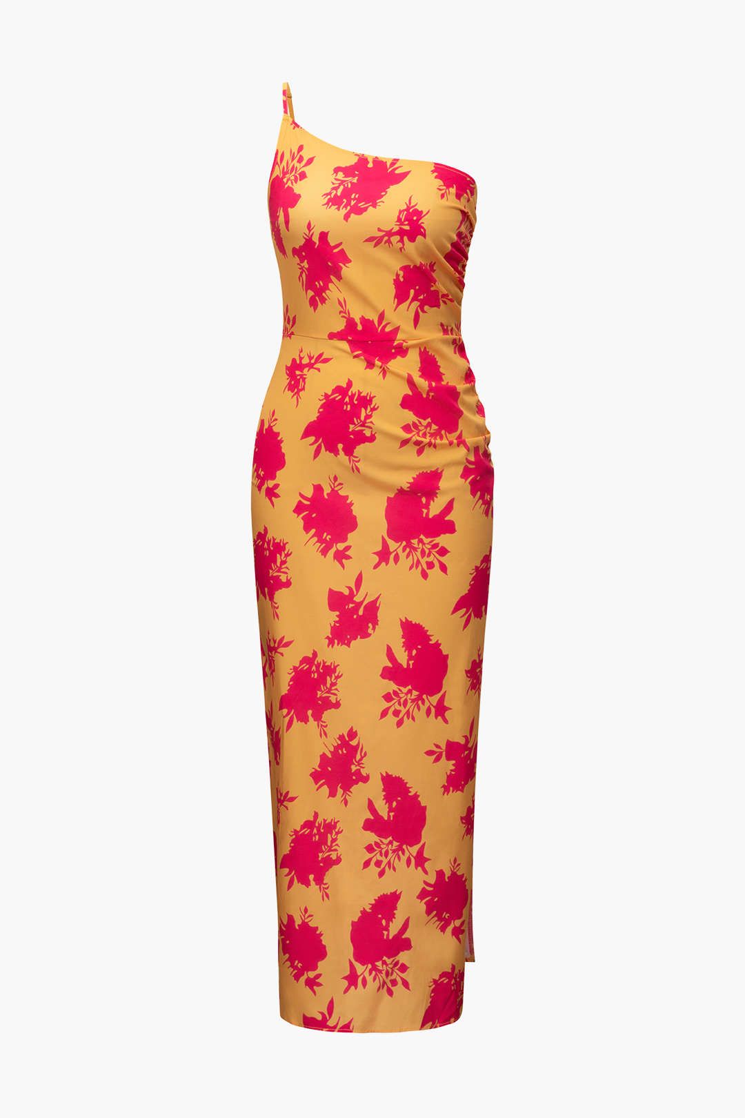 Leaves Print One Shoulder Slit Midi Dress sold by Micas