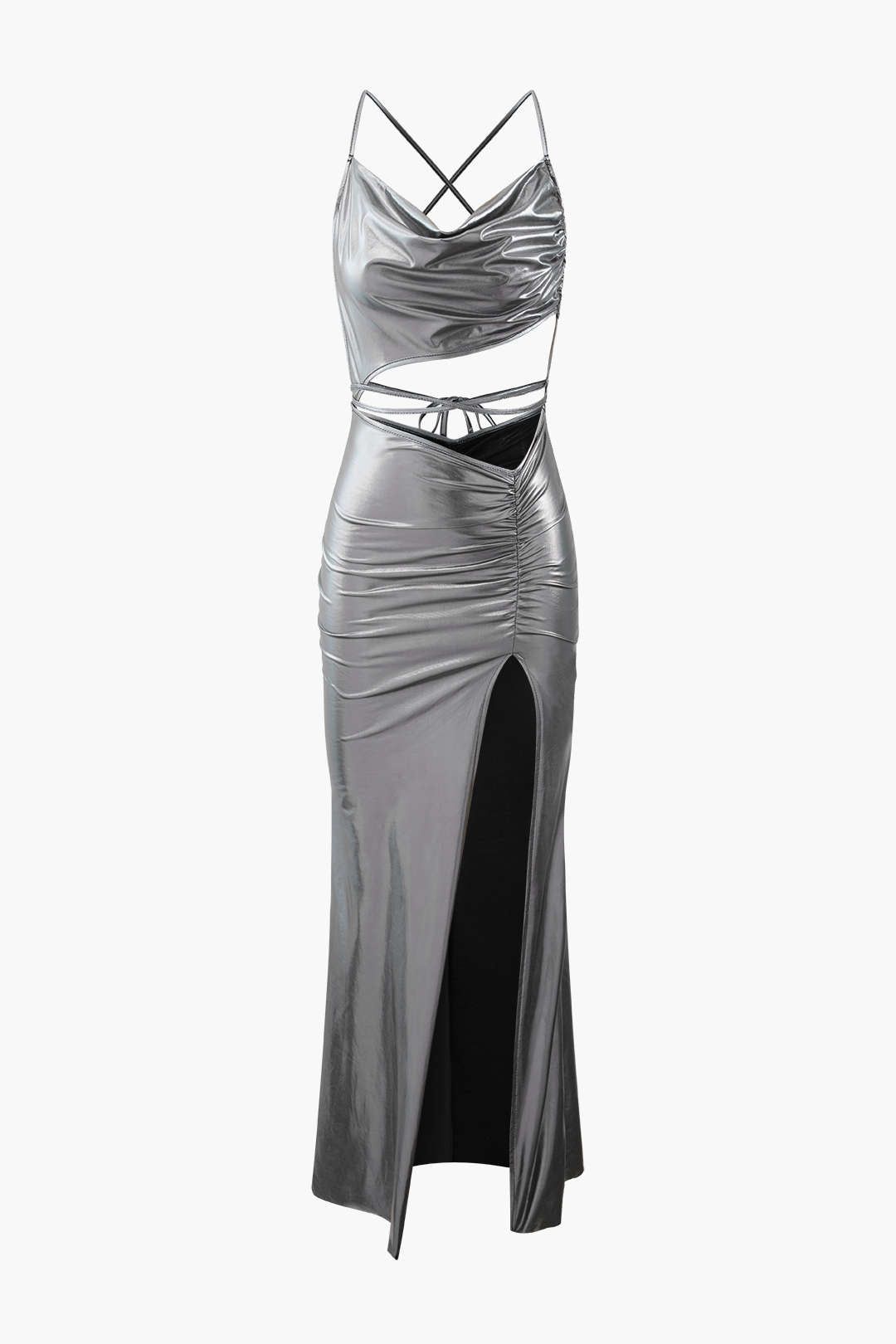 Metallic Cowl Neck Cut Out Slit Maxi Dress sold by Micas