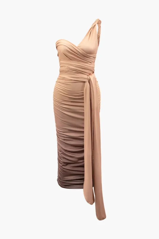 Ombre One Shoulder Ruched Belted Midi Dress sold by Micas