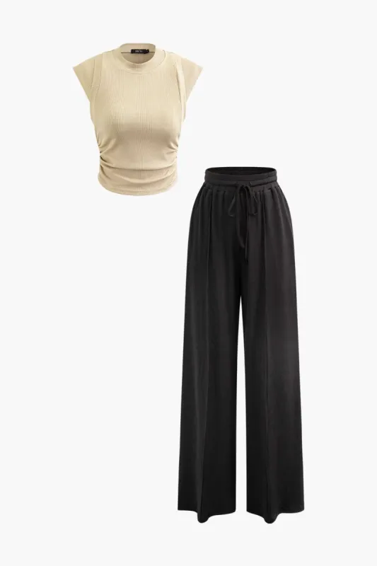 Rib Knit Drawstring High Waisted Wide Leg Pants sold by Micas