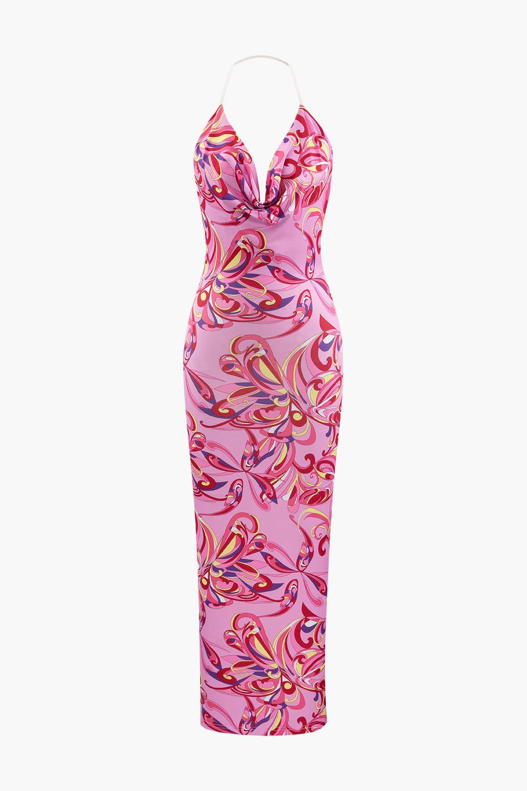 Printed Cowl Neck Halter Backless Maxi Dress sold by Micas