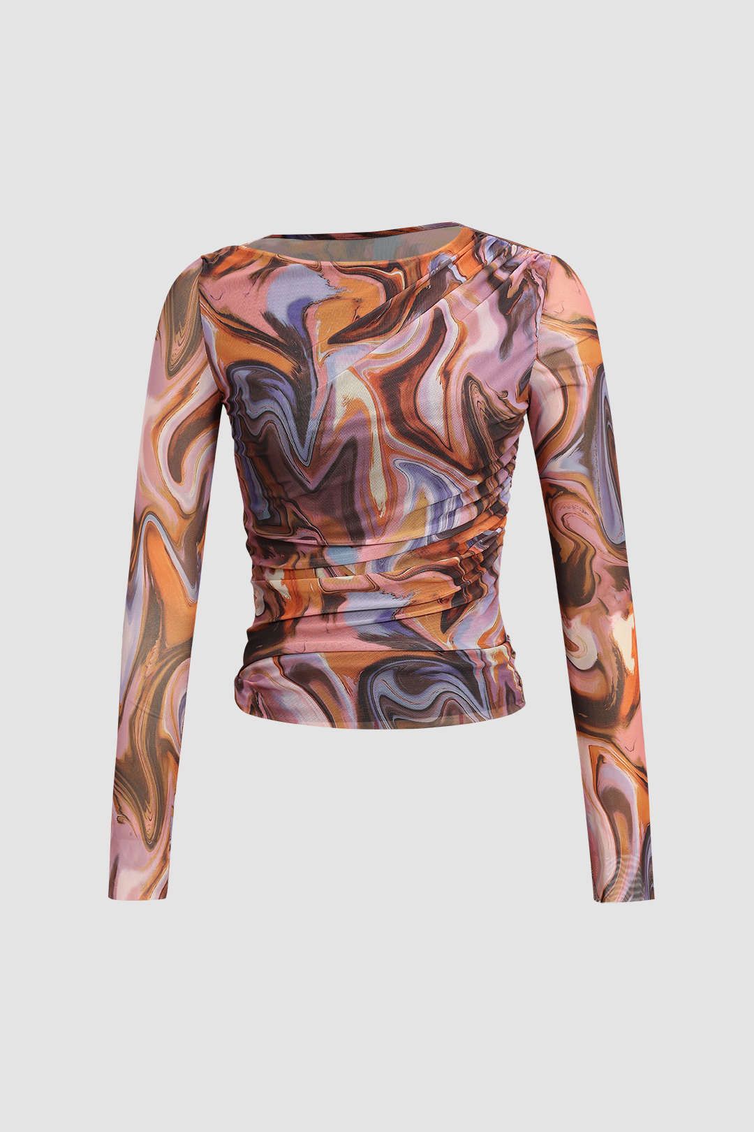 Abstract Print Sheer Mesh Long SLeeve Top sold by Micas