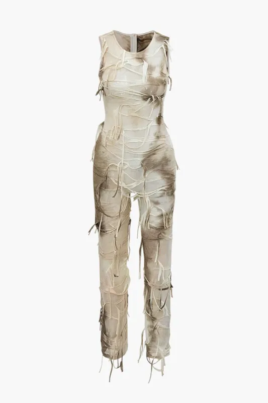 Tie Dye Distressed Mesh Sleeveless Jumpsuit sold by Micas