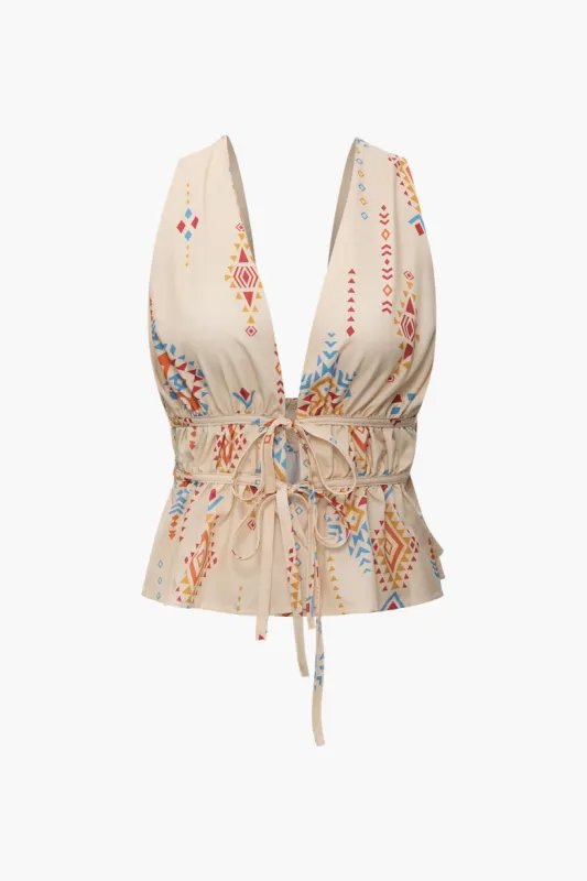 Geo Print V-neck Tie Front Cami Top sold by Micas