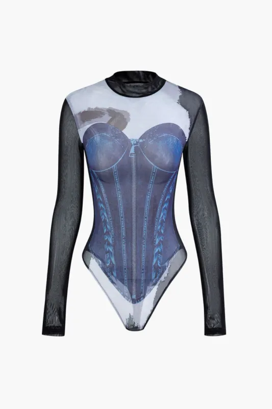 Denim-Print Mesh Long Sleeve Bodysuit sold by Micas