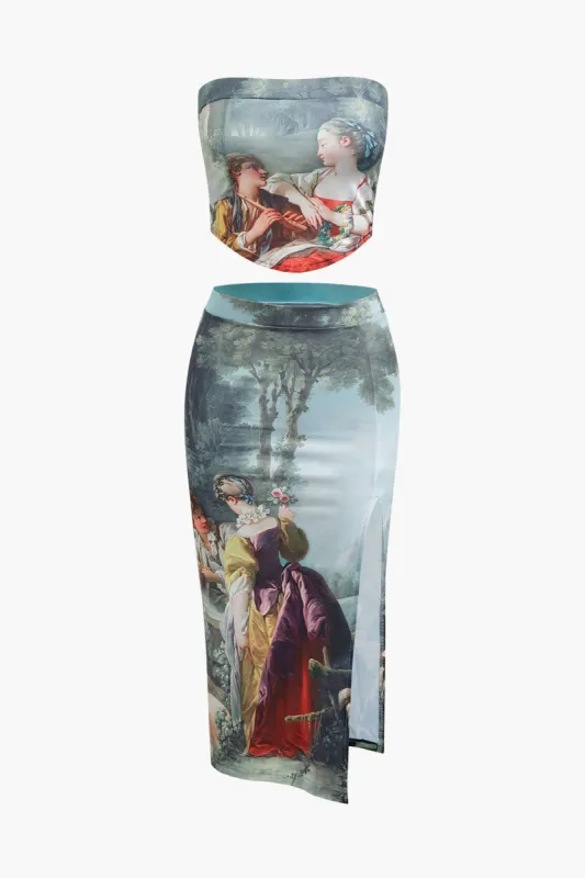 Renaissance Print Tube Top And Slit Midi Skirt Set sold by Micas