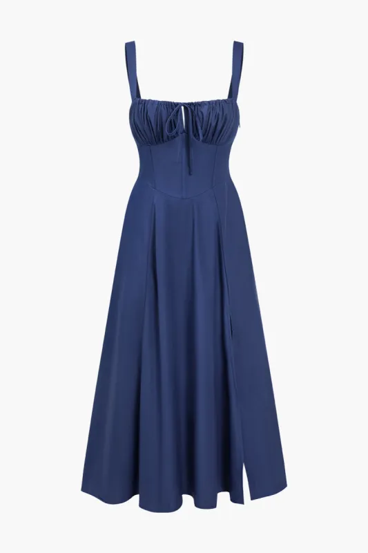 Solid Ruched Bust Back Tie Slit Midi Dress sold by Micas