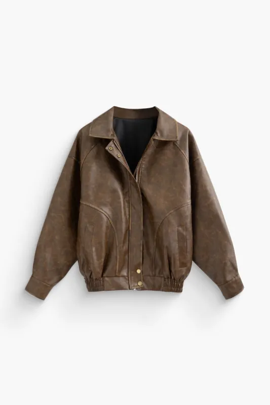 Retro Faux Leather Bomber Jacket sold by Micas