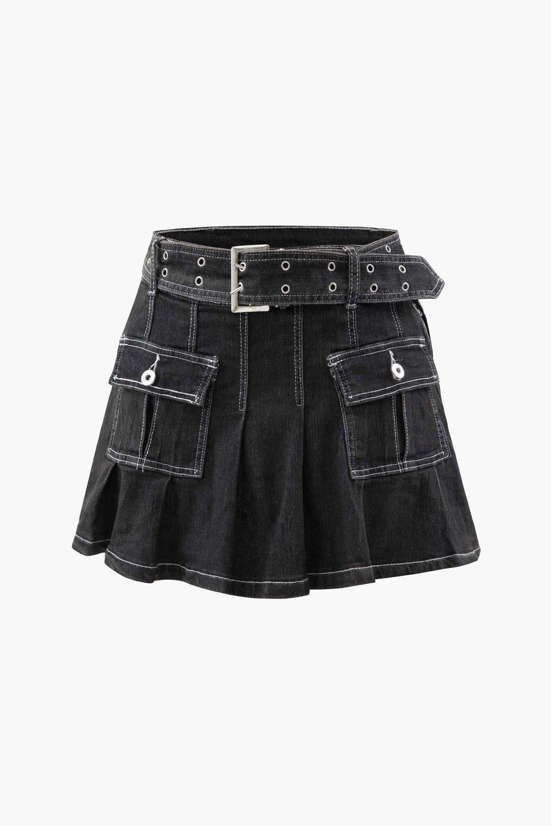 Belted Topstitching Pleated Mini Skirt sold by Micas
