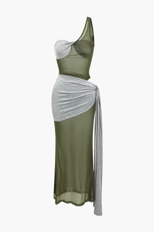 Mesh patchwork one-skulder midi kjole sold by Micas