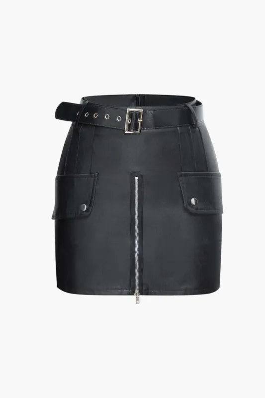 Faux Leather Zipper Belted Mini Skirt sold by Micas