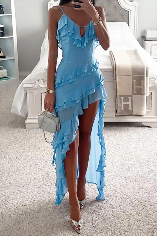 Solid rygfri fluffle spalte maxi kjole sold by Micas