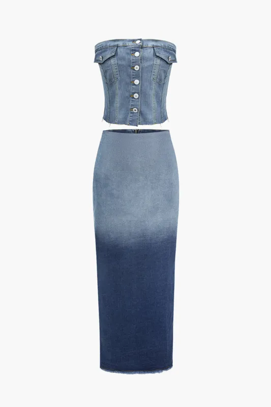 Button Up Tube Top og Ombre Nederdel Denim Suit sold by Micas