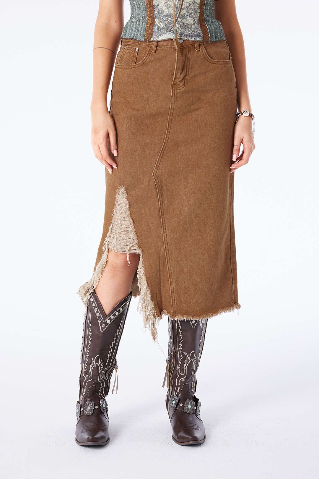 Frayed Slit Denim Midi Skirt sold by Micas product image thumbnail 3