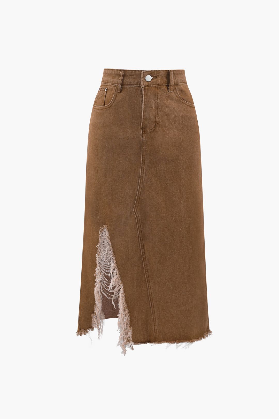 Frayed Slit Denim Midi Skirt sold by Micas