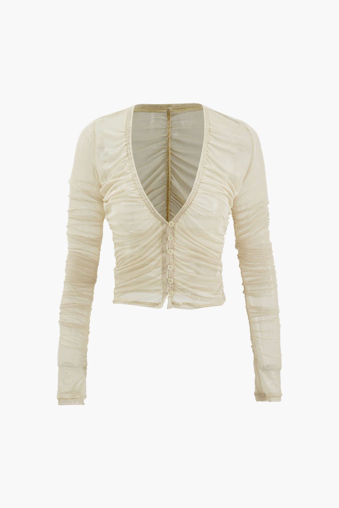 Gathered V-neck Mesh Long Sleeve Top sold by Micas