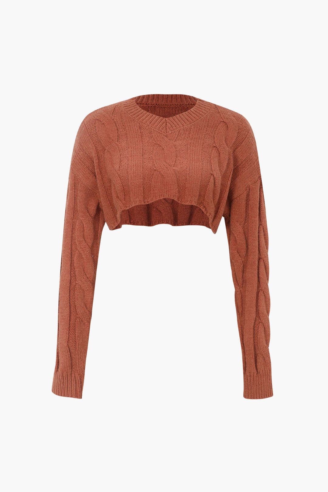 Curved Hem Cropped Cable Knit Sweater sold by Micas