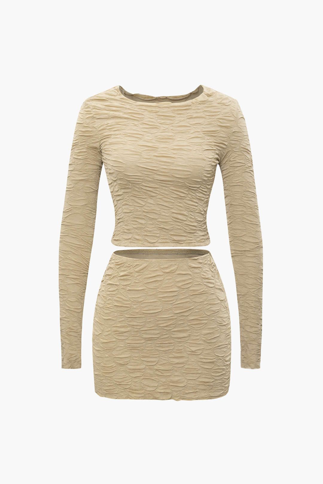 Textured Long Sleeve Crop Top And Mini Skirt Set sold by Micas