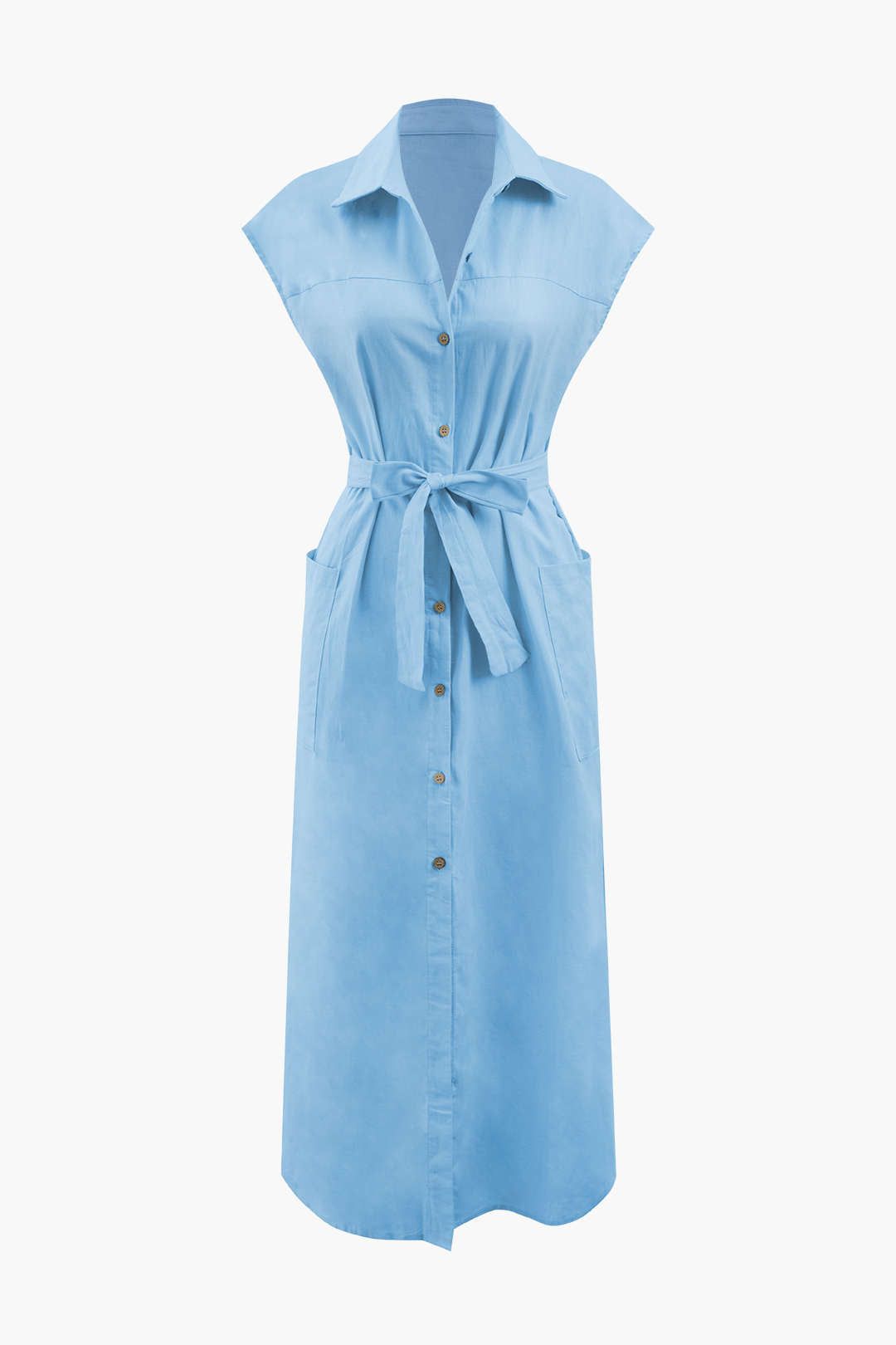 Linen-Blend Cap Sleeve Belted Maxi Shirt Dress sold by Micas