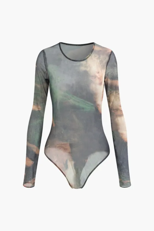 Printed Mesh Long Sleeve Bodysuit sold by Micas