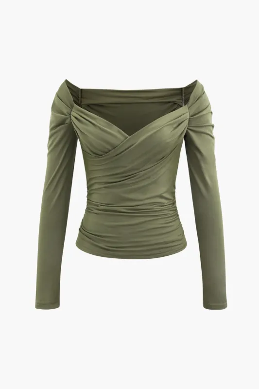 Sweetheart Neckline Ruched Long Sleeve Top sold by Micas