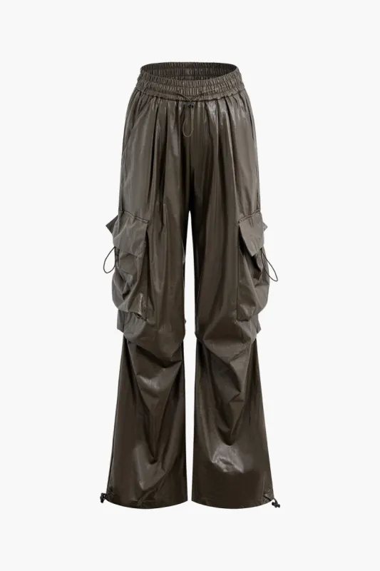 High Waist Faux Leather Drawstring Flap Pocket Cargo Pants sold by Micas