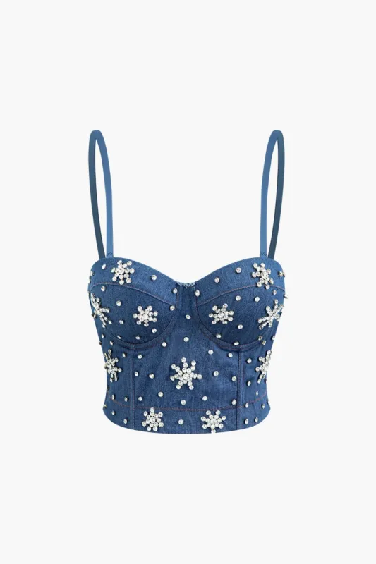 Denim Snowflake-Shape Rhinestone Bustier Top sold by Micas