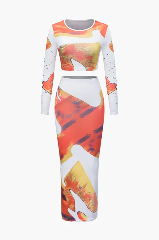 Abstract Print Long Sleeve Crop Top And Maxi Skirt Set sold by Micas