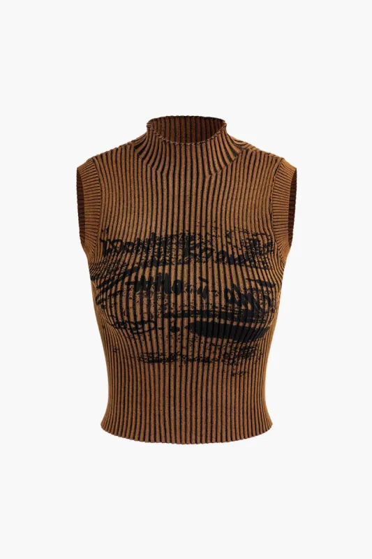 Printed Mock Neck Rib Knit Tank Top made by Micas