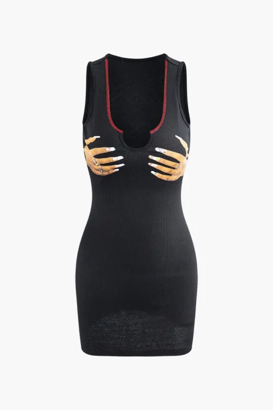Hands Print U-neck Sleeveless Rib Knit Mini Dress sold by Micas