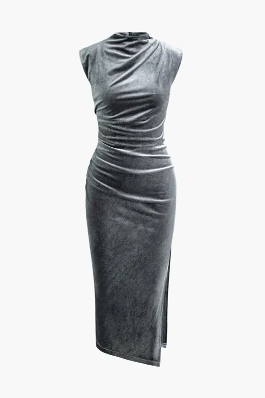 Ruched Cap Sleeve Velvet Slit Maxi Dress sold by Micas