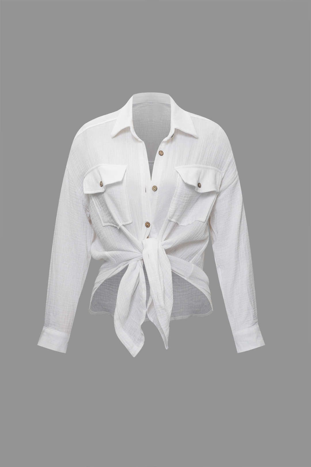 Chest Pocket Long Sleeve Shirt And Tie Waist Shorts Set sold by Micas product image thumbnail 2