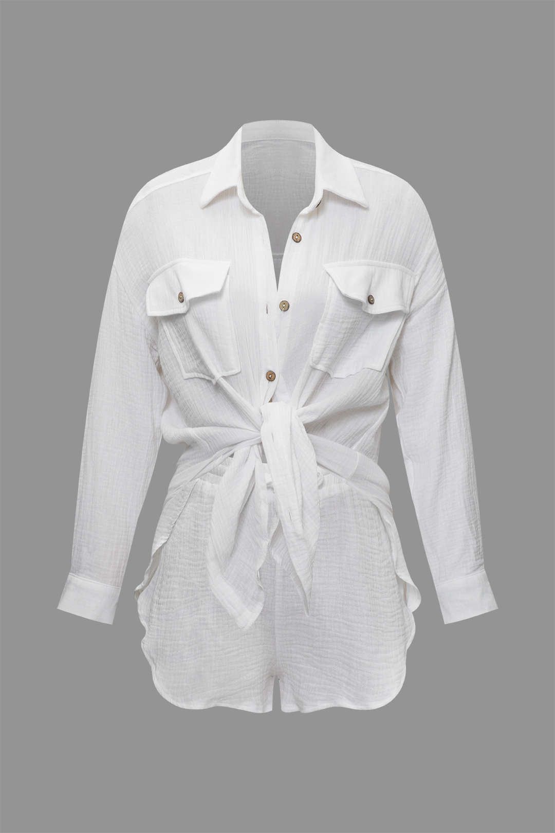 Chest Pocket Long Sleeve Shirt And Tie Waist Shorts Set sold by Micas