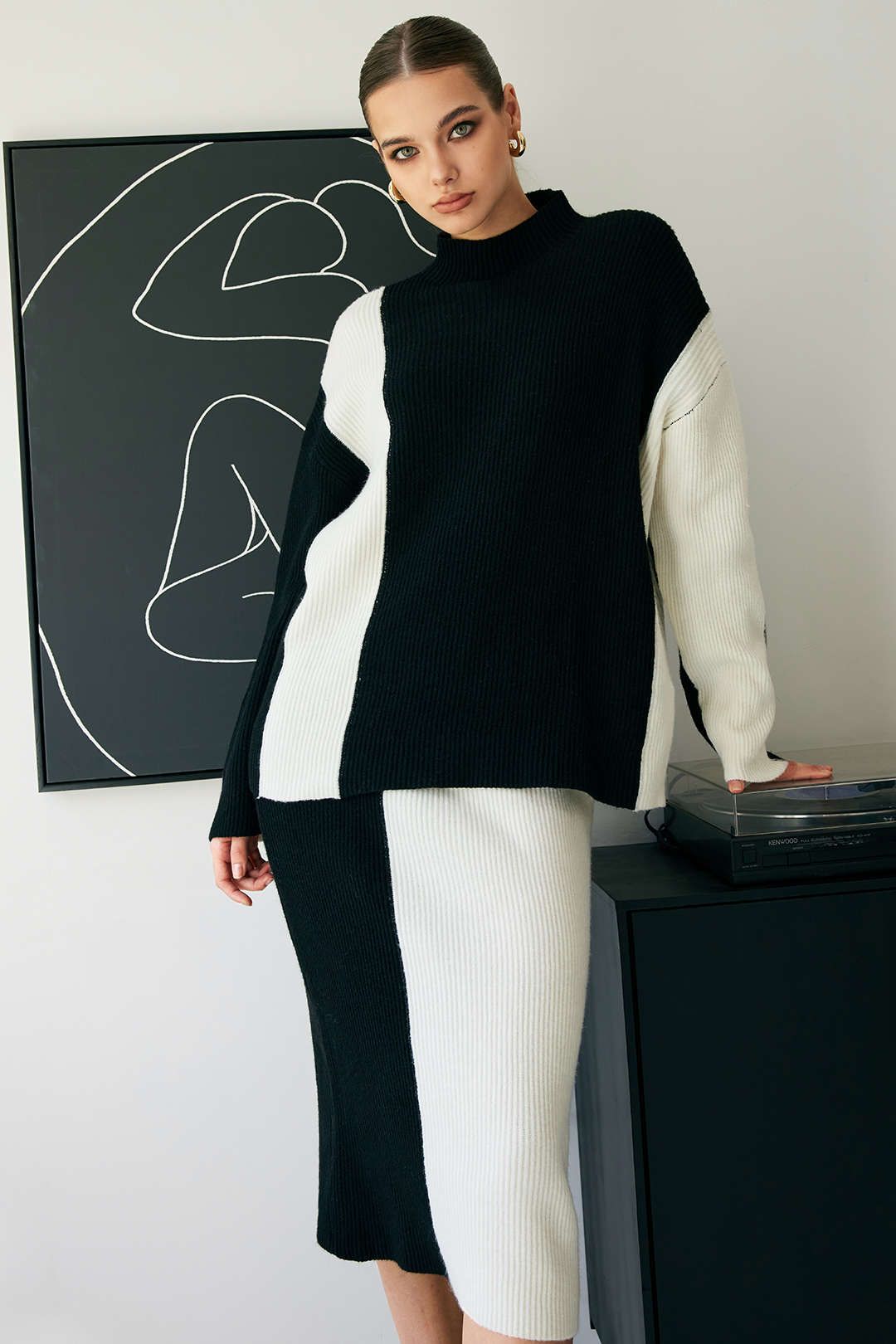 Contrast Turtleneck Sweater And Midi Skirt Set sold by Micas