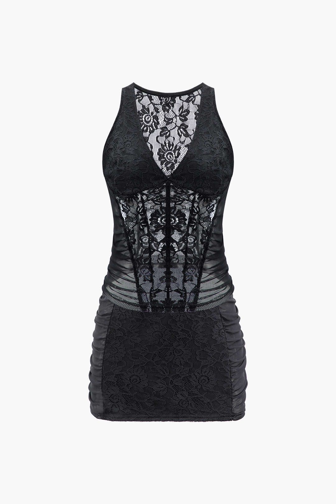 Lace V-neck Corset Top And Ruched Bodycon Mini Skirt Set sold by Micas