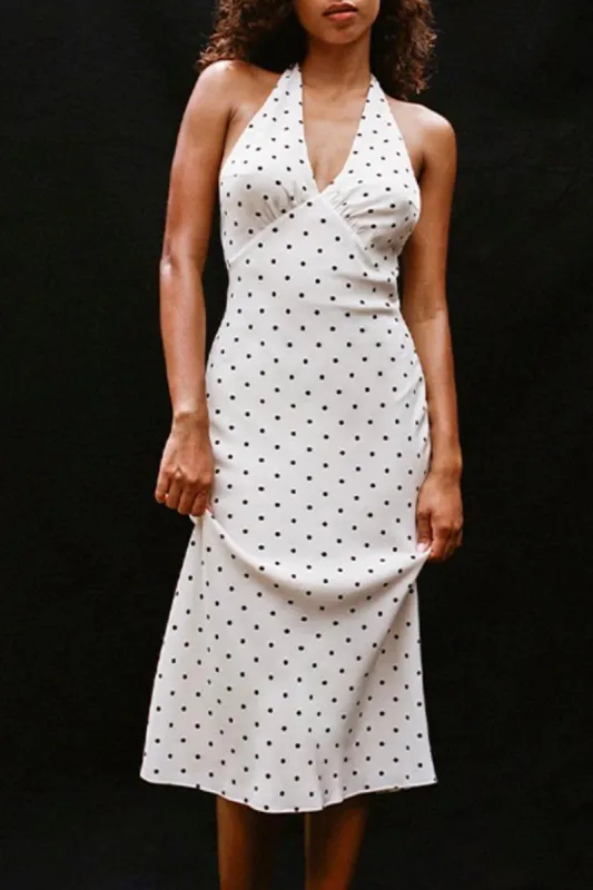 Polka Dot Print V-neck Halter Backless Midi Dress sold by Micas