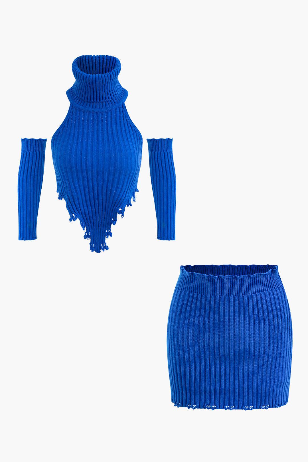 Rib Knit Turtleneck Asymmetric Backless Top With Sleeves And Mini Skirt Set sold by Micas