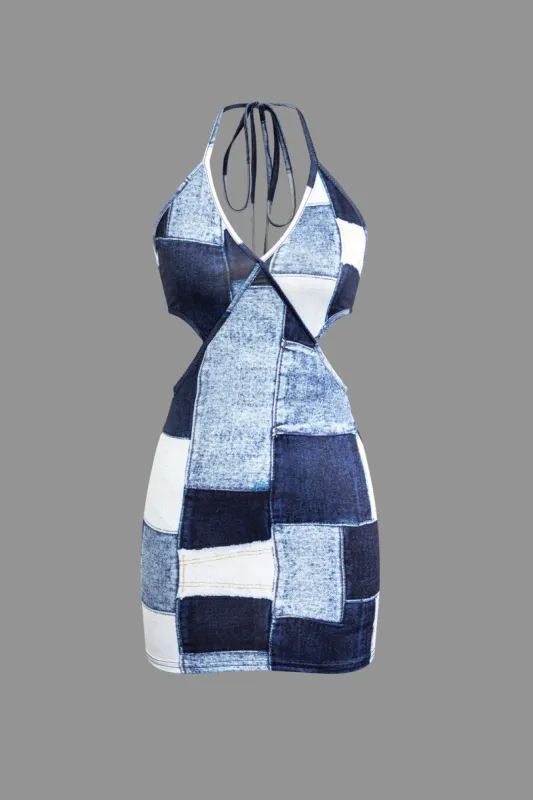 Patchwork Pattern Halter Cut Out Mini Dress sold by Micas