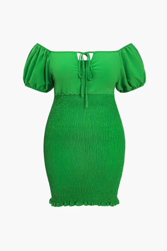 Plus Size Solid Shirred Off -Shoulder Mini Dress sold by Micas