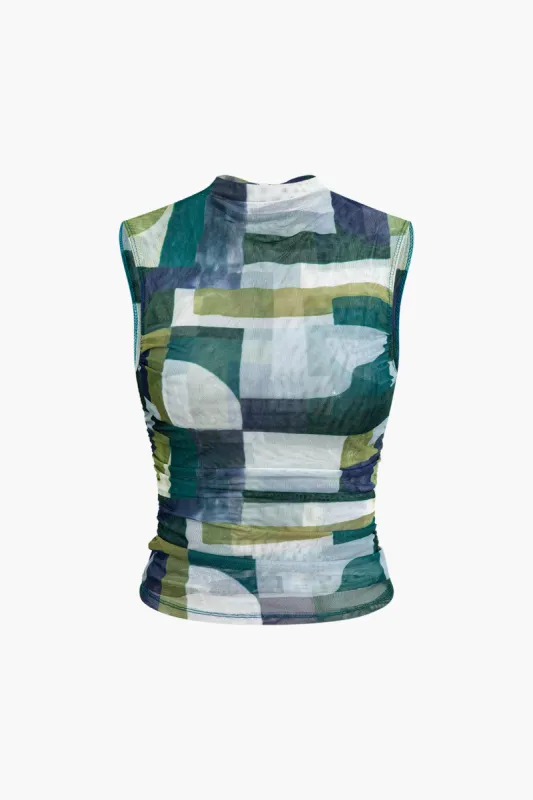 Abstract Geometric Print Sleeveless Mesh Tank Top sold by Micas