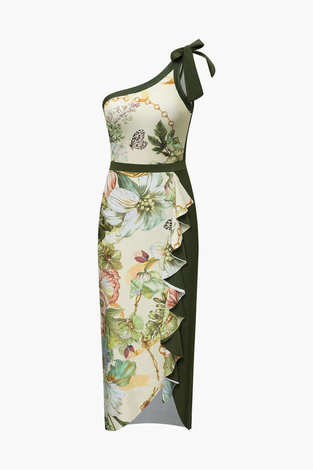 Floral Print One Shoulder One-piece Swimsuit And Ruffle Cover-up Set sold by Micas