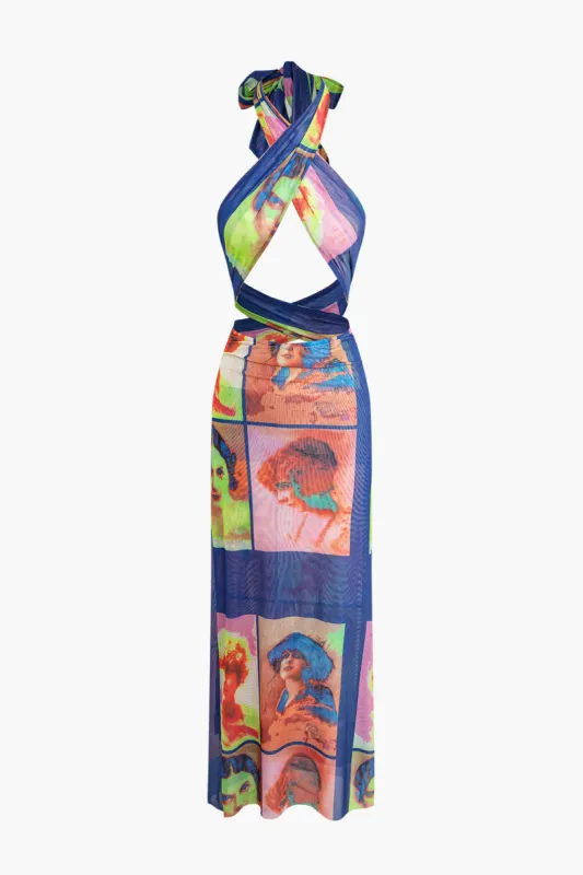 Artistic Print Halter Crisscross Mesh Maxi Dress sold by Micas